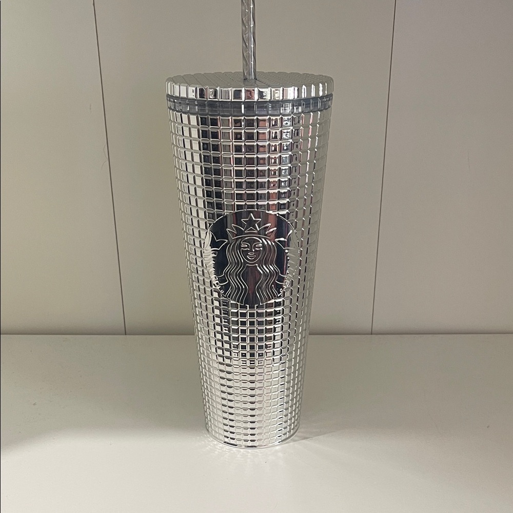 Starbucks Metallic Silver Grid Tumbler